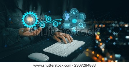 Businessman holding Global network connection. Process data driven insight to make wise decisions. Using artificial intelligence for big data analysis, driven decision making to improve efficiency. Royalty-Free Stock Photo #2309284883