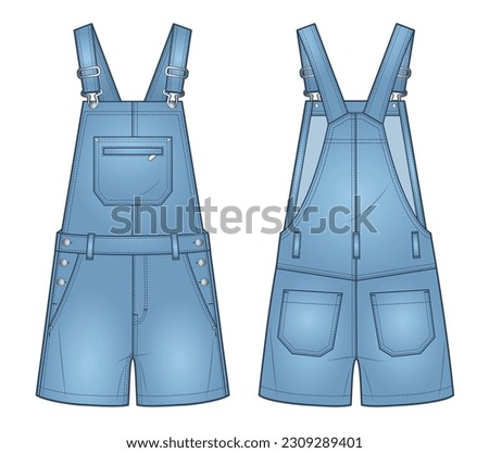 Denim Overalls fashion design. Short Dungarees, Jumpsuit technical fashion illustration, pockets, relaxed fit, front and back view, blue, women, men, unisex CAD mockup. Royalty-Free Stock Photo #2309289401