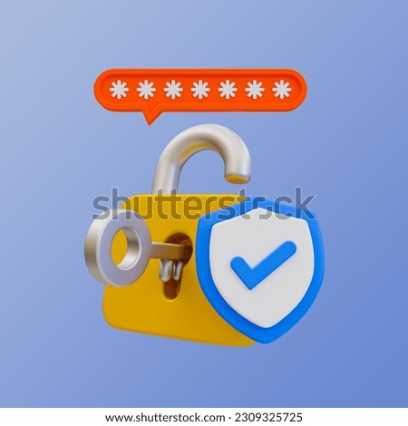 3d minimal security system. user authentication. password validation. identity verification. padlock with guard shield and password. 3d illustration. clipping path included.