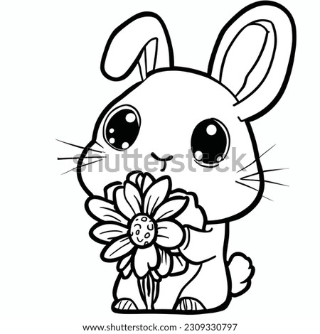 little rabbit with the big flower. Colorful vector illustration, summer coloring book for kids.