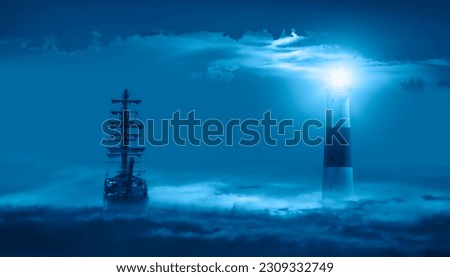 Old sailing ship at the stormy sea with lighthouse on the background and foreground power sea wave 