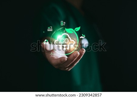 CO2 Carbon dioxide emission reduction, doctor and environmental technology Icon, global warming, sustainable development, renewable energy business. climate change, carbon capture, recycle, reuse Royalty-Free Stock Photo #2309342857