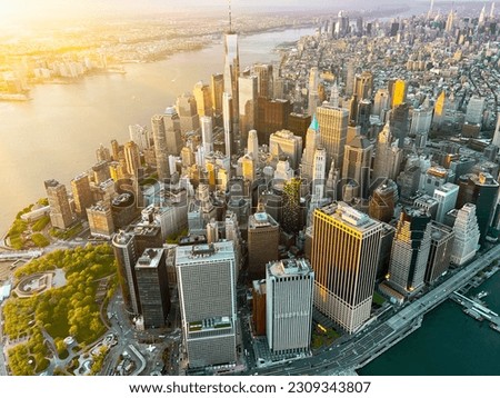 Manhattan downtown aerial view evening sunset time, New York City, USA