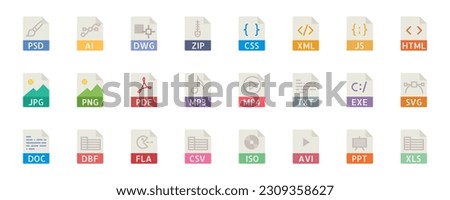 Set of file type icon set pack, all file type extension icon including programming file types Royalty-Free Stock Photo #2309358627