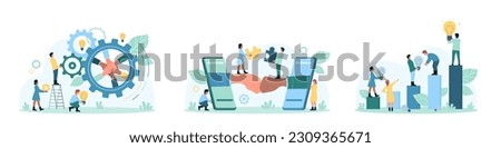 Teamwork and collaboration set vector illustration. Cartoon tiny people building strong dedicated team and effective cooperation and communication for enterprise, holding bright light bulb and puzzles Royalty-Free Stock Photo #2309365671