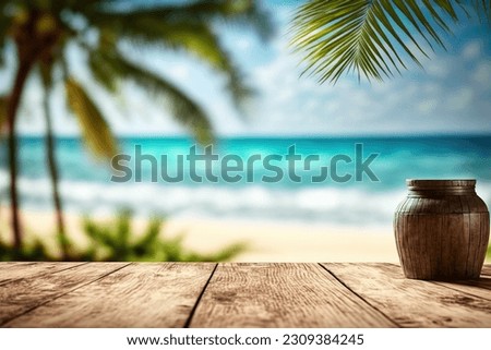 Empty rustic wooden table on blur background of beautiful beach for mockup summer product display or travel ad. Picnic table with customizable space on table-top for editing. Flawless Royalty-Free Stock Photo #2309384245