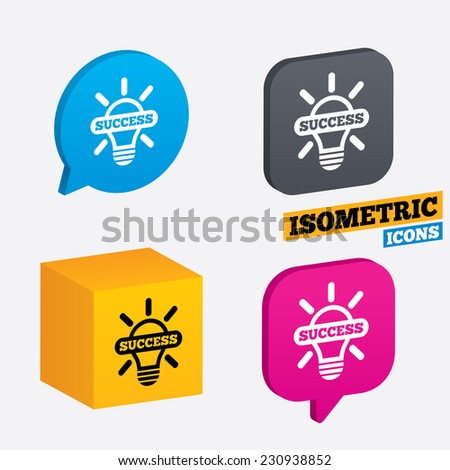 Light lamp sign icon. Bulb with success symbol. Idea symbol. Isometric speech bubbles and cube. Rotated icons with edges. Vector