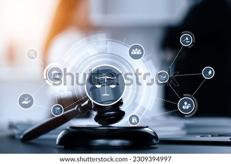 Smart law, legal advice icons and lawyer working tools in the lawyers office showing concept of digital law and online technology of astute law and regulations . Royalty-Free Stock Photo #2309394997