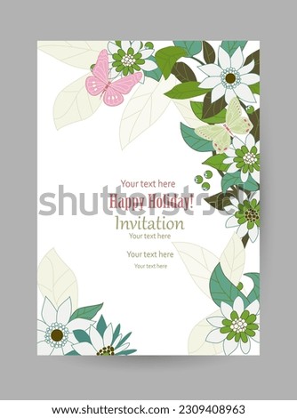 A vertical invitation card with an isolated corner border of blooming plants and flying butterflies. Fancy flowers with green and white petals against a white background.