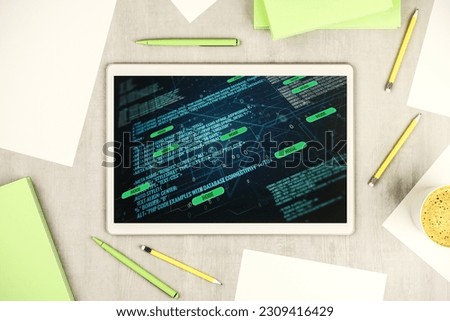 Abstract creative coding illustration on modern digital tablet display, software development concept. Top view. 3D Rendering