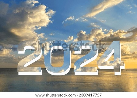 2024 new year on image with calm ocean under dramatic sunset sky, Beautiful cloudscape over the sea, sunrise shot, outdoors