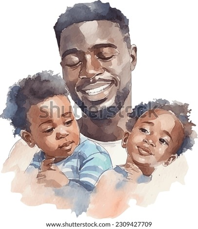 Watercolor composition of loving and caring african american daddy and kids