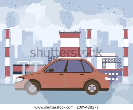 Pollute air by car smog road carbon exhaust concept. Vector graphic design illustration