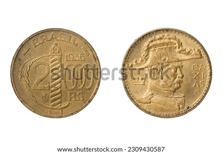 Brazilian silver coin of 2000 réis from 1936. Government of Getúlio Vargas. Sword and valor on reverse. Duque de Caxias, with cocked hat, Marshal Luiz Alves de Lima. Patron of the Brazilian Army. Royalty-Free Stock Photo #2309430587