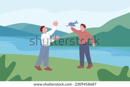 Boys play outdoor, on nature or park with lake. Gaming with airplane toy, little dreamer or future pilot. Cartoon children walking vector scene