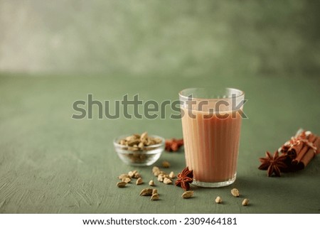 Traditional middle eastern beverage, indian drink masala or arabian karak chai. Copy space Royalty-Free Stock Photo #2309464181