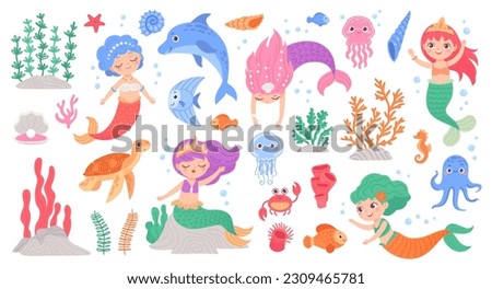 Mermaids and seaweed. Swimming mermaid little princess with sea plant and marine animals, sticker for child aquarium ocean underwater girl characters ingenious vector illustration of character mermaid Royalty-Free Stock Photo #2309465781