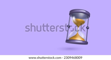 3d hourglass. Time antique measure instrument, sand glass clock, watch hours for wait or loading history isolated sandglass. Horizontal banner purple background. Vector realistic illustration Royalty-Free Stock Photo #2309468009