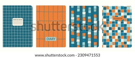 Set of cover bright page templates based on grid seamless patterns, spiral lines, plaid pattern. Plaid backgrounds for school notebooks, diaries. Headers isolated and replaceable