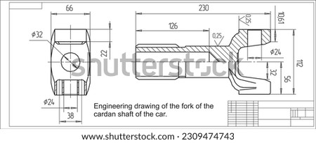 Vector engineering drawing of the fork of the 
cardan shaft of the car. 
Cad scheme. Design documentation.
Mechanical background. Royalty-Free Stock Photo #2309474743