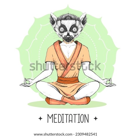 Hand drawing hipster animal lemur meditating in lotus position on mandala background. Vector illustration