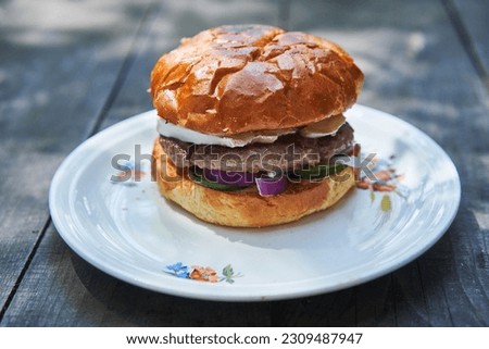 Close up picture of homemade juicy and tasty hamburger made from melted beef from organic farming, white italian style cheese, red onion, pickles, tomato and cucumber served on white rustic plate.