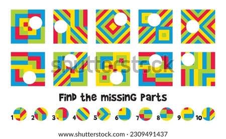 Find the missing parts. Matching game. Educational game for children. Attention task. Choose correct answer. Find the missing piece of the picture. Vector illustration. Isolated on white background Royalty-Free Stock Photo #2309491437