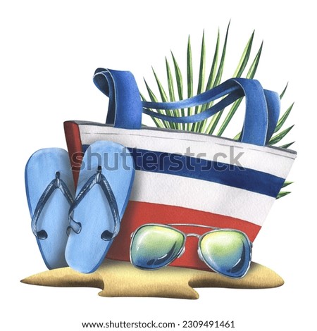 Striped beach bag with flip flops, sunglasses on the sand with palm leaves. Watercolor hand drawn illustration. Isolated composition on a white background. For summer and marine prints, stickers.