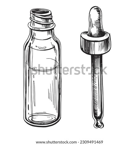Glass bottle with pipette for cosmetics, oils, serum. The illustration is graphic hand-drawn. Eps vector, isolated objects on white background.