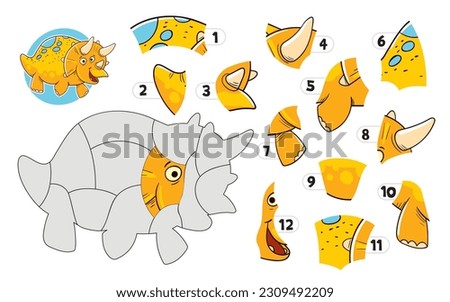 Jigsaw puzzle games. Puzzle with a dinosaur. Triceratops. Matching game. Educational game for children. Attention task. Find the missing piece of the picture. Colorful cartoon character Royalty-Free Stock Photo #2309492209