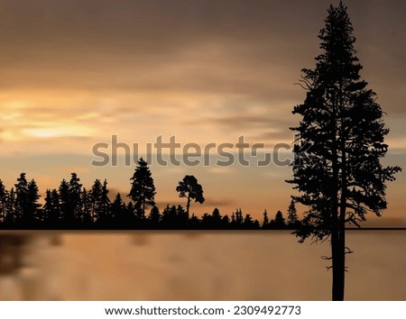 illustration with group of trees near sea at sunset