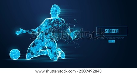 Abstract wireframe silhouette of a soccer, football player from triangles and particles on blue background. Soccer player man hits the ball. Vector illustration