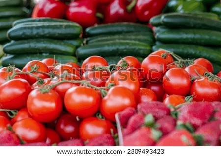 Close up view of tomatoes, cucumbers and peppers at the marketplace