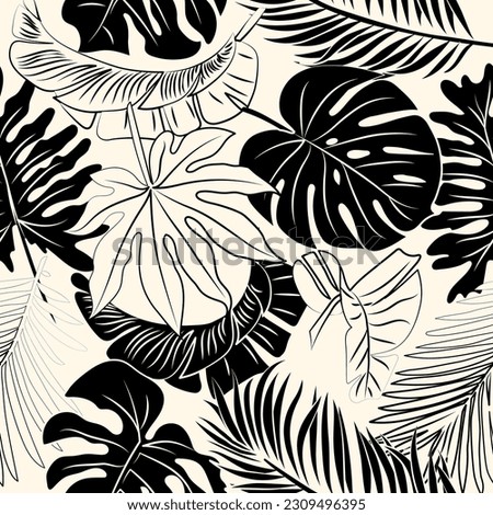 Black and white Monstera, palm, banana any tropical leaf pattern. Vector Royalty-Free Stock Photo #2309496395