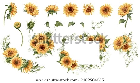 Sunflower clip art. Watercolor floral illustration. Frame and bouquets. Yellow flowers for rustic wedding design, thanksgiving decoration,  greeting cards. Elements isolated on white background