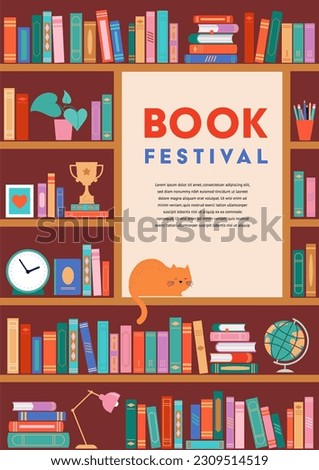 Bookshelf concept illustration. A lot of books on the shelf, clock, cat, plant and globe. Vector design
