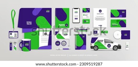 Brand Identity of stationery Mock-Up set with green and purple abstract geometric design. Branding stationery mockup template of File folder, annual report, business flyer, brochure. Editable vector Royalty-Free Stock Photo #2309519287
