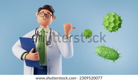 3d render, cute cartoon character doctor wears glasses and shows green viruses and bacterias. Smart professional caucasian male specialist. Medical science clip art isolated on blue background