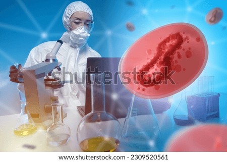 Virologist at work. Doctor in suit for chemical protection. Microscope and flasks near virologist. Virus molecule. Study dangerous infections. Synthesis of viral pathogens. Virologist at laboratory Royalty-Free Stock Photo #2309520561