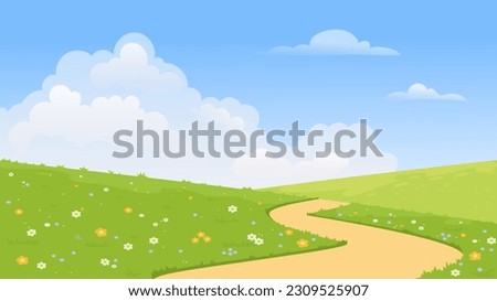 Spring landscape concept. Beautiful road next to meadow with flowers. Summer season panorama. Background and cover. Wildlife area and reservation. Cartoon flat vector illustration Royalty-Free Stock Photo #2309525907