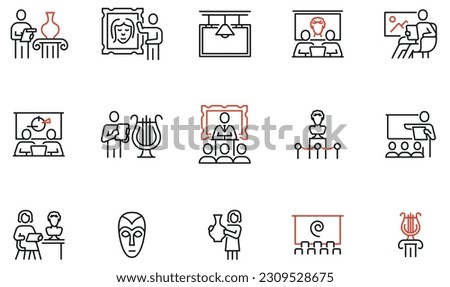 Vector Set of Linear Icons Related to Art Presentation, Educational Lecture, Seminar and Auction. Mono Line Pictograms and Infographics Design Elements  Royalty-Free Stock Photo #2309528675