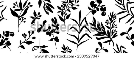 Botanical seamless pattern  with leaves and branches . Hand drawn black plants  . Vector foliage silhouettes. Natural organic ornament with black branches.  Royalty-Free Stock Photo #2309529047