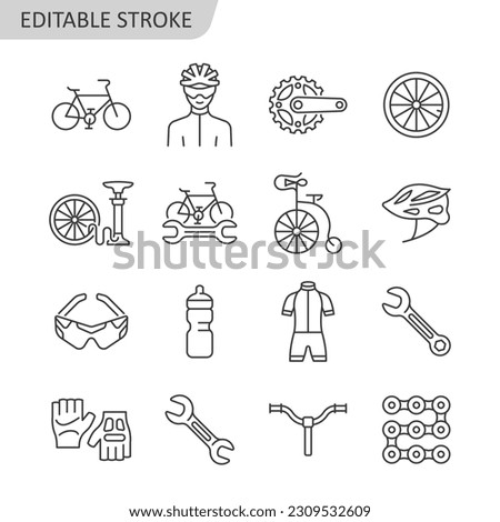 Bicycle line icon set. Bike outline symbol collection with bicyclist, wheel, bicycle pump, helmet, glasses, handlebar, wrench. Vector illustration of repair service. Editable stroke. Royalty-Free Stock Photo #2309532609