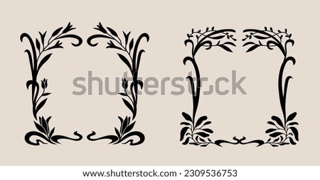 Art Nouveau style flower frame decoration. Classic vintage botanical wreath, border, branch, garland graphic design element. Isolated vector illustration. 
