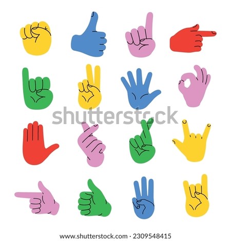 Set of different gestures hand with hand drawn vector doodle illustration