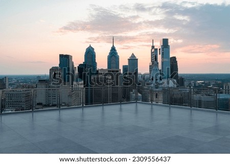 Skyscrapers Cityscape Downtown, Philladelphia Skyline Buildings. Beautiful Real Estate. Sunset. Empty rooftop View. Success concept.