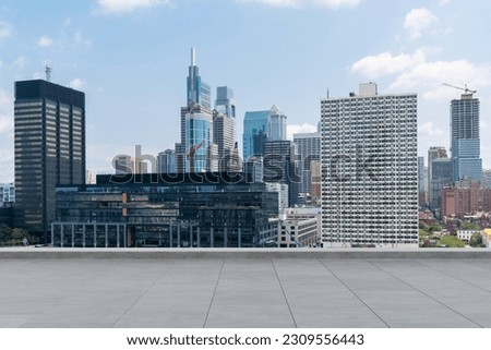 Skyscrapers Cityscape Downtown, Philladelphia Skyline Buildings. Beautiful Real Estate. Day time. Empty rooftop View. Success concept.