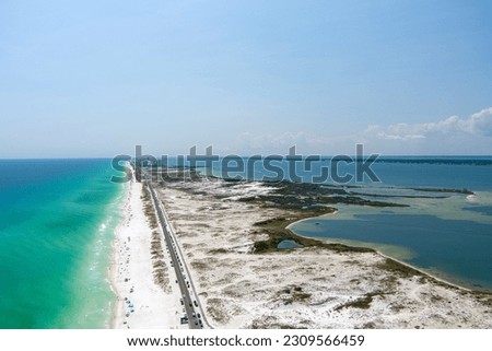 Aerial view of Opal Beach and the Santa Rosa Sound in Pensacola, FL on Memorial Day Weekend 2023