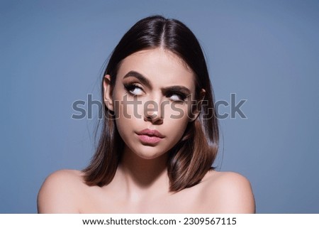 Pensive woman isolated on studio background thinking. Thoughtful woman planning problem solution, lost in thoughts consider idea. Girl confuse. Uncertain with doubt, thinking. Pensive concept.
