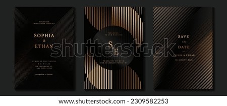 Luxury wedding invitation card background vector. Golden elegant geometric shape, gold wavy lines on dark background. Premium design illustration for wedding and vip cover template, banner, poster. Royalty-Free Stock Photo #2309582253
